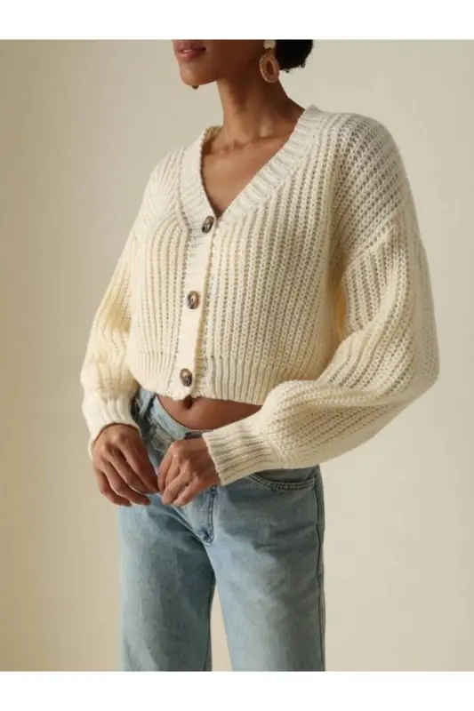 Kadın Triko Düğmeli Hırka-Beyazlar - 1