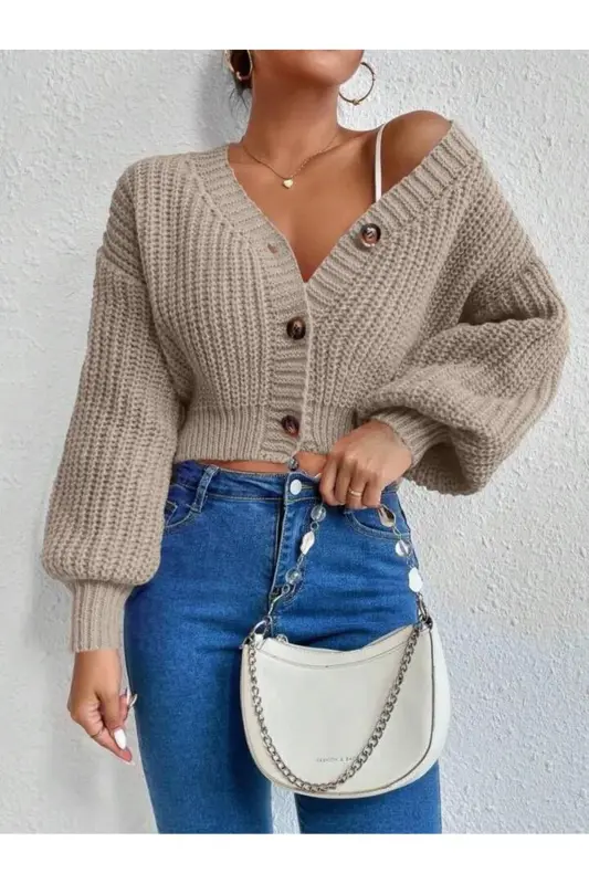 Kadın Triko Düğmeli Hırka-Griler - 1