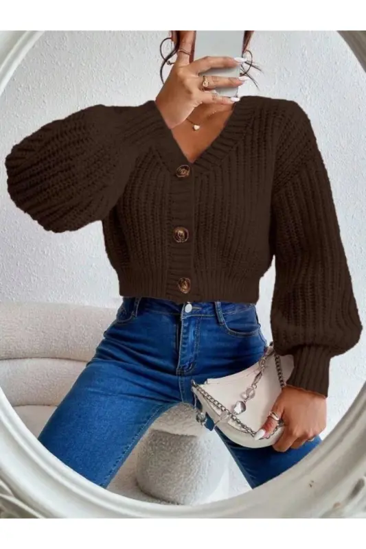 Kadın Triko Düğmeli Hırka-Kahverengileri - AHTAPOTMODA