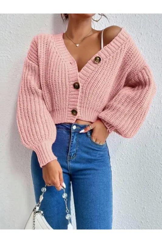 Kadın Triko Düğmeli Hırka-Pembeler - AHTAPOTMODA