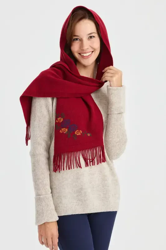 Kadın Triko Kenarı Çiçekli Yün Kaşkol V.Kırmızı-V.Kırmızı - DESEN TRIKO