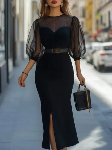 Kadın Truvakar Kollu Bisiklet Yaka Kemersiz Yırtmaç Detaylı Uzun Ithal Krep Elbise - 1