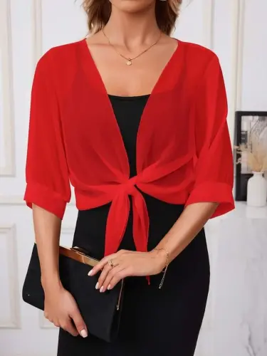 Kadın Truvakar Kollu önden Bağlamalı Kısa şifon Bolero Ceket - BÜYÜKBEDENIZ (1)