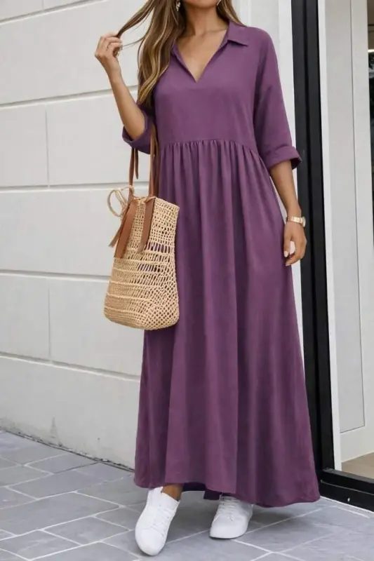 Kadın Truvakar Kollu V Yakalı Yırtmaçlı Uzun Aerobin Elbise - BÜYÜKBEDENIZ