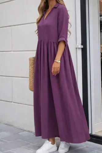 Kadın Truvakar Kollu V Yakalı Yırtmaçlı Uzun Aerobin Elbise - BÜYÜKBEDENIZ (1)