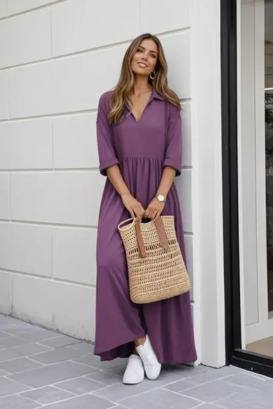 Kadın Truvakar Kollu V Yakalı Yırtmaçlı Uzun Aerobin Elbise - 3