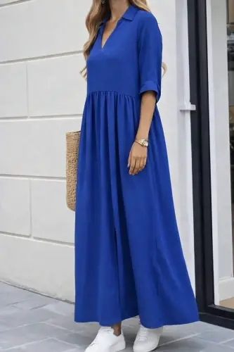 Kadın Truvakar Kollu V Yakalı Yırtmaçlı Uzun Aerobin Elbise - 2