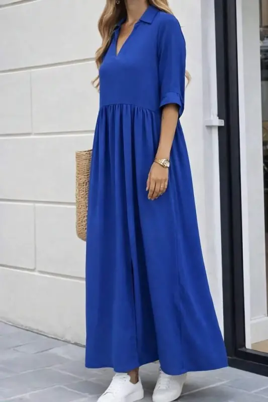 Kadın Truvakar Kollu V Yakalı Yırtmaçlı Uzun Aerobin Elbise - 2