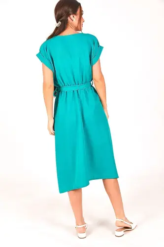 Kadın Turkuaz BELİ LASTİKLİ BAĞLAMALI ELBİSE ARM-18Y001120-Turkuaz - 4