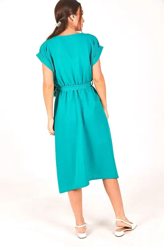 Kadın Turkuaz BELİ LASTİKLİ BAĞLAMALI ELBİSE ARM-18Y001120-Turkuaz - 4