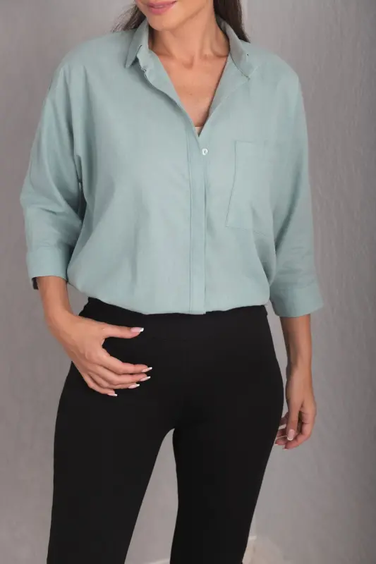 Kadın Turkuaz CEPLİ SALAŞ KETEN GÖMLEK ARM-21Y001035-Turkuaz - ARMONIKA