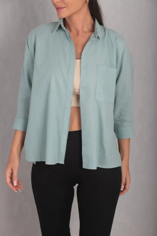 Kadın Turkuaz CEPLİ SALAŞ KETEN GÖMLEK ARM-21Y001035-Turkuaz - 3