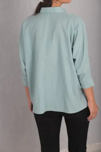 Kadın Turkuaz CEPLİ SALAŞ KETEN GÖMLEK ARM-21Y001035-Turkuaz - 4