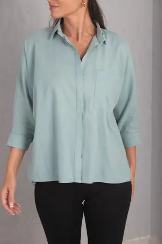 Kadın Turkuaz CEPLİ SALAŞ KETEN GÖMLEK ARM-21Y001035-Turkuaz - ARMONIKA (1)