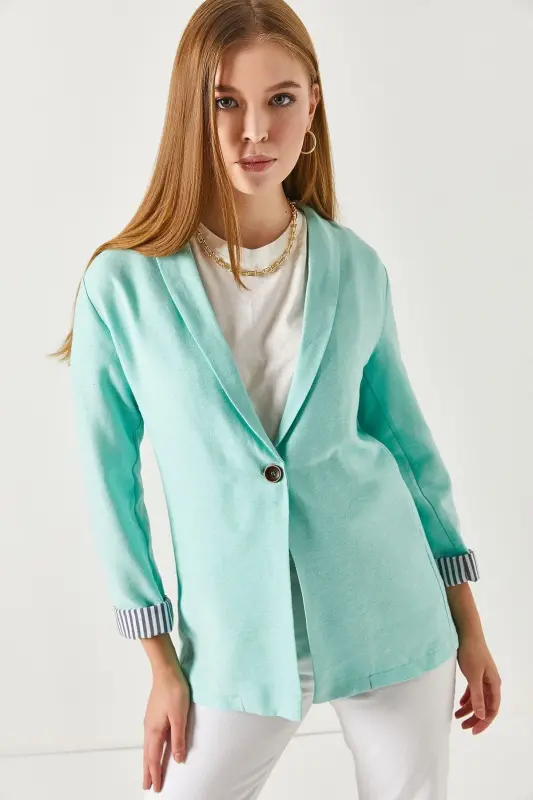 Kadın Turkuaz Kol İçi Çizgili Tek Düğmeli Ceket ARM-22K001122-Turkuaz - 2