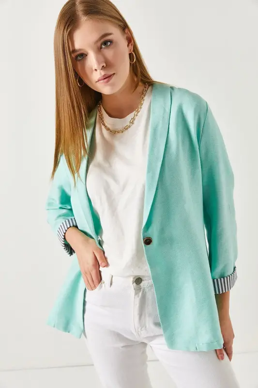 Kadın Turkuaz Kol İçi Çizgili Tek Düğmeli Ceket ARM-22K001122-Turkuaz - 3