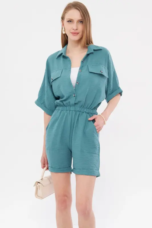 Kadın Turkuaz Yarasa Kol Cepli Beli Lastikli Şortlu Tulum ARM-23Y001075-Turkuaz - 3