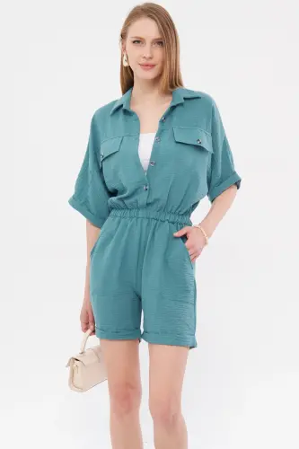 Kadın Turkuaz Yarasa Kol Cepli Beli Lastikli Şortlu Tulum ARM-23Y001075-Turkuaz - 3