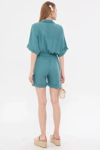 Kadın Turkuaz Yarasa Kol Cepli Beli Lastikli Şortlu Tulum ARM-23Y001075-Turkuaz - 4