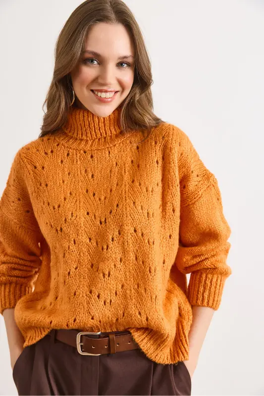 Kadın Turuncu Balıkçı Yaka Yumuşak Dokulu Triko Kazak KZK-19000892-Turuncu - 1