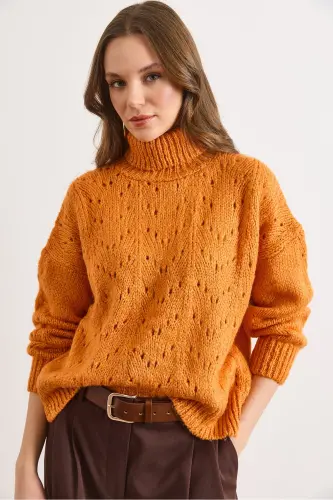 Kadın Turuncu Balıkçı Yaka Yumuşak Dokulu Triko Kazak KZK-19000892-Turuncu - 2