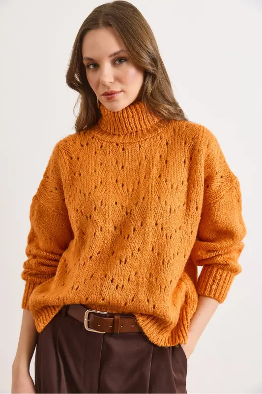 Kadın Turuncu Balıkçı Yaka Yumuşak Dokulu Triko Kazak KZK-19000892-Turuncu - 2
