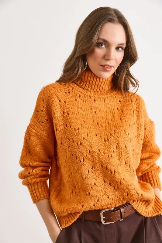 Kadın Turuncu Balıkçı Yaka Yumuşak Dokulu Triko Kazak KZK-19000892-Turuncu - 3