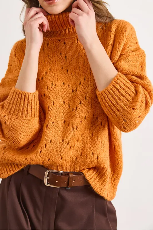 Kadın Turuncu Balıkçı Yaka Yumuşak Dokulu Triko Kazak KZK-19000892-Turuncu - 4