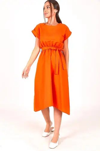 Kadın Turuncu BELİ LASTİKLİ BAĞLAMALI ELBİSE ARM-18Y001120-Turuncu - ARMONIKA (1)