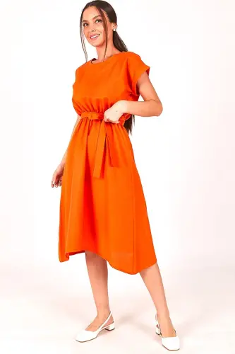 Kadın Turuncu BELİ LASTİKLİ BAĞLAMALI ELBİSE ARM-18Y001120-Turuncu - 3