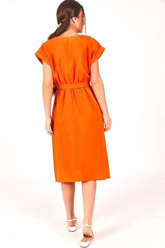 Kadın Turuncu BELİ LASTİKLİ BAĞLAMALI ELBİSE ARM-18Y001120-Turuncu - 4