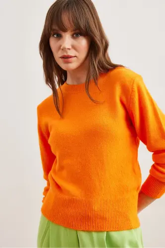 Kadın Turuncu Bisiklet Yaka Yumuşak Dokulu Basic Triko Kazak KZK-19000845-Turuncu - 3