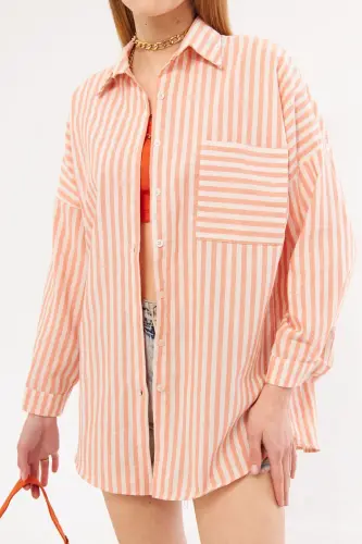 Kadın Turuncu Çizgili Uzun Kol Cep Detaylı Pileli Oversize Gömlek ARM-24Y001057-Turuncu - ARMONIKA (1)