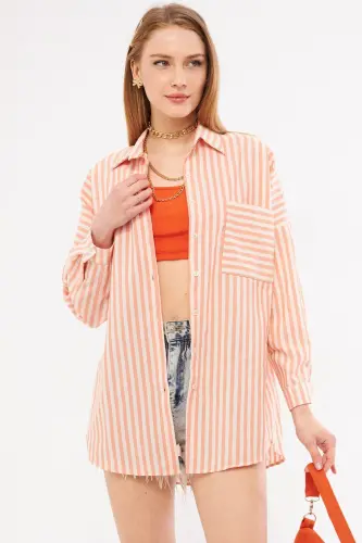 Kadın Turuncu Çizgili Uzun Kol Cep Detaylı Pileli Oversize Gömlek ARM-24Y001057-Turuncu 