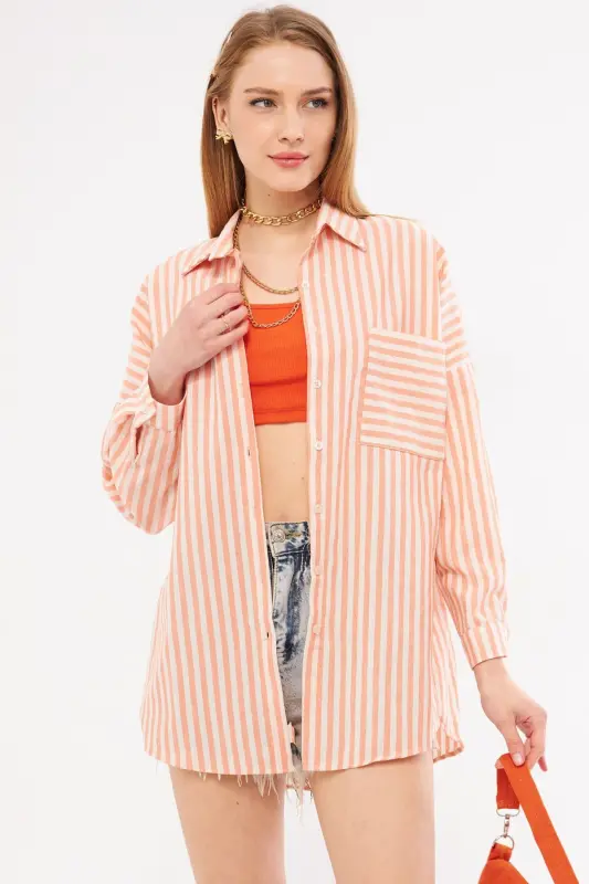 Kadın Turuncu Çizgili Uzun Kol Cep Detaylı Pileli Oversize Gömlek ARM-24Y001057-Turuncu - 1