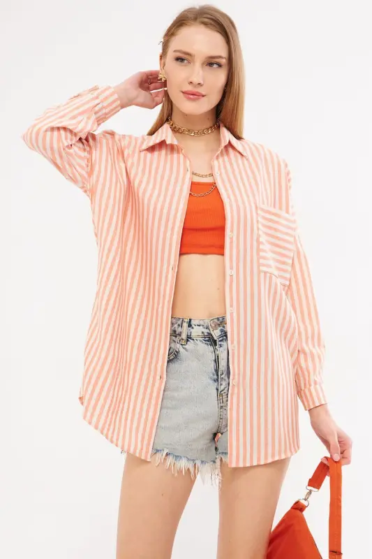 Kadın Turuncu Çizgili Uzun Kol Cep Detaylı Pileli Oversize Gömlek ARM-24Y001057-Turuncu - 3