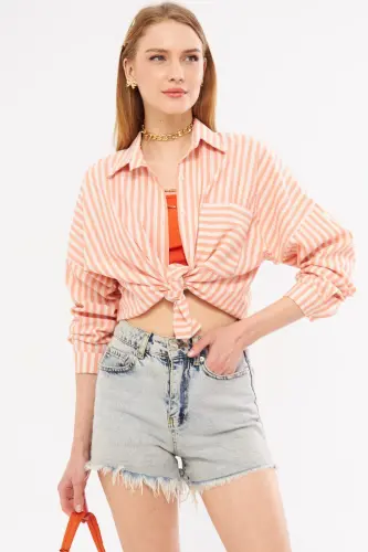 Kadın Turuncu Çizgili Uzun Kol Cep Detaylı Pileli Oversize Gömlek ARM-24Y001057-Turuncu - 4