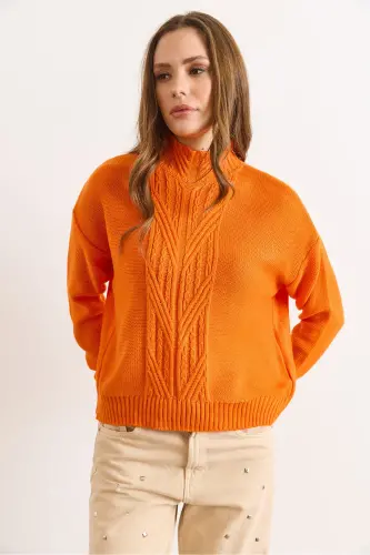 Kadın Turuncu Dik Yaka Ortası Saç Örgülü Triko Kazak KZK-19000912-Turuncu - 3