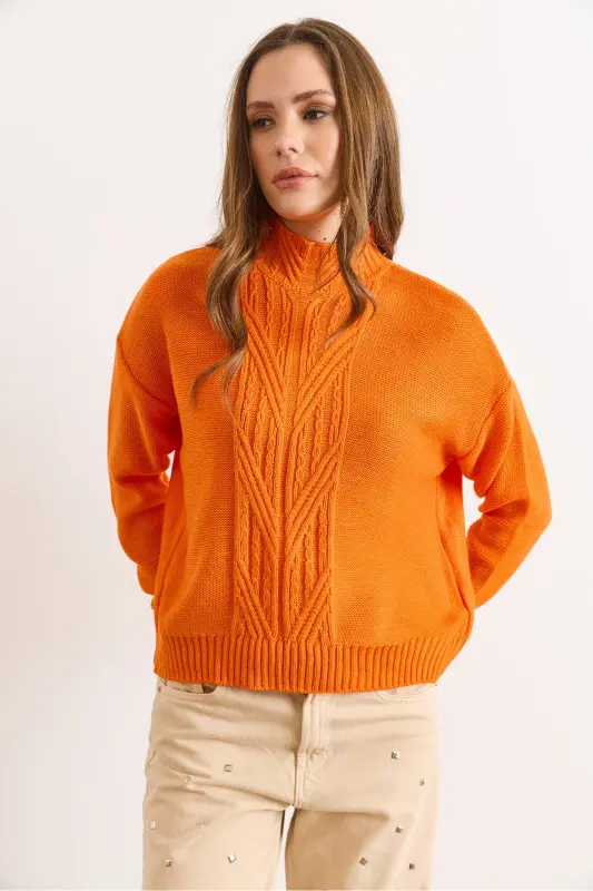 Kadın Turuncu Dik Yaka Ortası Saç Örgülü Triko Kazak KZK-19000912-Turuncu - 3