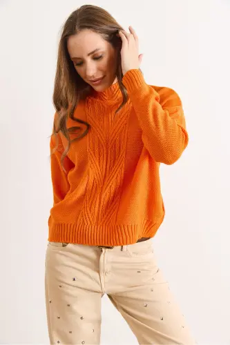 Kadın Turuncu Dik Yaka Ortası Saç Örgülü Triko Kazak KZK-19000912-Turuncu - 4