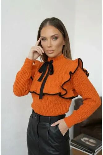 Kadın Turuncu Fırfırlı Detay Selanik Örgü Kazak - Turuncu - hillswomanstore (1)