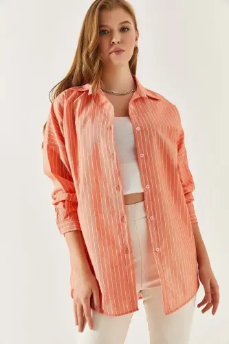 Kadın Turuncu İnce Çizgili Oversize Uzun Basic Gömlek Arm-22Y001185-Turuncu - ARMONIKA (1)