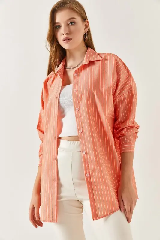 Kadın Turuncu İnce Çizgili Oversize Uzun Basic Gömlek Arm-22Y001185-Turuncu - 1
