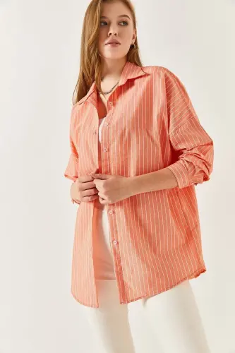 Kadın Turuncu İnce Çizgili Oversize Uzun Basic Gömlek Arm-22Y001185-Turuncu - 3