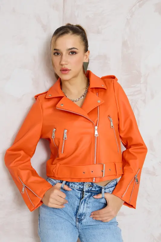 Kadın Turuncu Kemerli Deri ceket-Turuncu - ALINTERYY