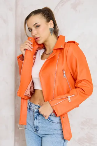 Kadın Turuncu Kemerli Deri ceket-Turuncu - 3