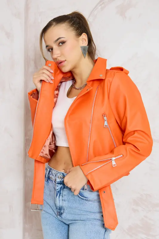 Kadın Turuncu Kemerli Deri ceket-Turuncu - 3