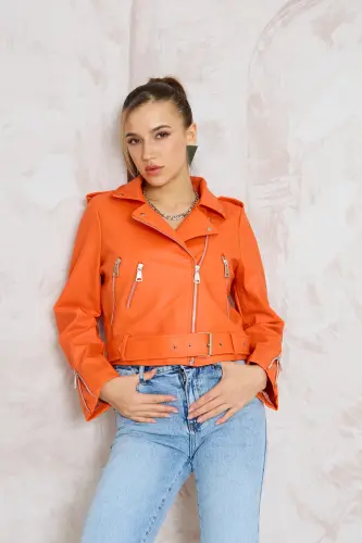 Kadın Turuncu Kemerli Deri ceket-Turuncu - 4