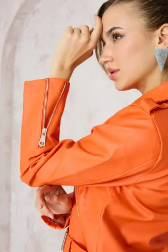 Kadın Turuncu Kemerli Deri ceket-Turuncu - 6