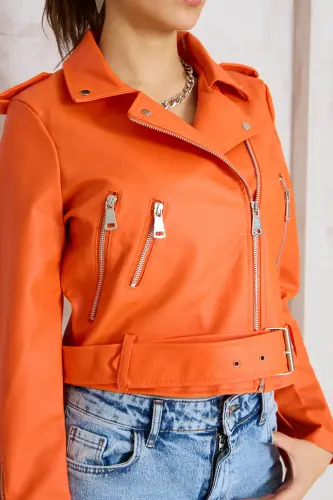 Kadın Turuncu Kemerli Deri ceket-Turuncu - 7